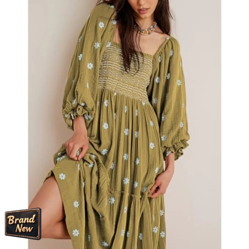 Long Sleeve Embroidered Maxi Dress, Cotton, Floor Length, Square Neck
